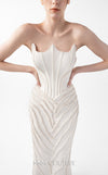 MNM Couture Style G2032 showcasing a cream mermaid gown with three-angular corseted neckline, fitted silhouette, and intricate ribbed lace textural detailing throughout the skirt | Couture Shop LA