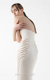 MNM Couture Style G2032 showcasing a cream mermaid gown with three-angular corseted neckline, fitted silhouette, and intricate ribbed lace textural detailing throughout the skirt | Couture Shop LA
