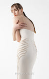 MNM Couture Style G2032 showcasing a cream mermaid gown with three-angular corseted neckline, fitted silhouette, and intricate ribbed lace textural detailing throughout the skirt | Couture Shop LA