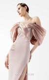 MNM Couture Style G2034 showcasing a salmon blush crepe gown with metallic off-shoulder neckline, delicate lace and tulle side embellishments, and a dramatic high slit | Couture Shop LA