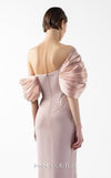 MNM Couture Style G2034 showcasing a salmon blush crepe gown with metallic off-shoulder neckline, delicate lace and tulle side embellishments, and a dramatic high slit | Couture Shop LA