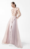 MNM Couture Style G2035 showcasing a blush pink gown with sheer illusion bodice, long sleeves adorned with 3D floral appliques, lace inserts, and flowing envelope skirt | Couture Shop LA