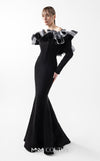 MNM Couture Style G2036 showcasing a black off-shoulder mermaid gown with long sleeves and voluminous, sculptural organza ruffles in silver, off-white, and anthracite. | Couture Shop LA