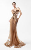 MNM Couture Style G2038 showcasing a strapless beige crepe gown with an asymmetrical angular bust in pleated bronze and brown lamé organza and a front tulle overskirt. | Couture Shop LA