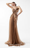 MNM Couture Style G2038 showcasing a strapless beige crepe gown with an asymmetrical angular bust in pleated bronze and brown lamé organza and a front tulle overskirt. | Couture Shop LA