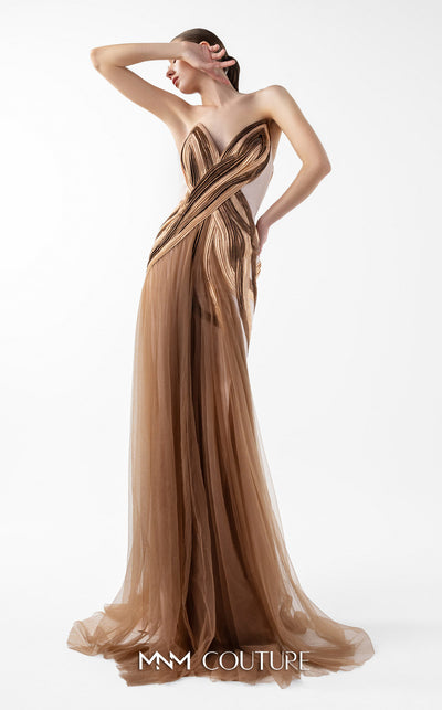 MNM Couture Style G2038 showcasing a strapless beige crepe gown with an asymmetrical angular bust in pleated bronze and brown lamé organza and a front tulle overskirt. | Couture Shop LA