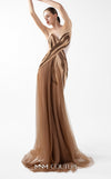 MNM Couture Style G2038 showcasing a strapless beige crepe gown with an asymmetrical angular bust in pleated bronze and brown lamé organza and a front tulle overskirt. | Couture Shop LA