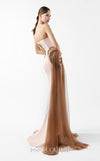MNM Couture Style G2038 showcasing a strapless beige crepe gown with an asymmetrical angular bust in pleated bronze and brown lamé organza and a front tulle overskirt. | Couture Shop LA