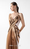 MNM Couture Style G2038 showcasing a strapless beige crepe gown with an asymmetrical angular bust in pleated bronze and brown lamé organza and a front tulle overskirt. | Couture Shop LA