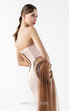 MNM Couture Style G2038 showcasing a strapless beige crepe gown with an asymmetrical angular bust in pleated bronze and brown lamé organza and a front tulle overskirt. | Couture Shop LA