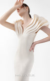 MNM Couture Style G2039 showcasing a cream mermaid gown with dramatic layered petal-like sleeves, sculptural shoulder detailing, and form-contouring silhouette with tonal paneling | Couture Shop LA