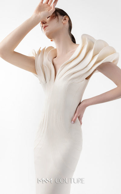 MNM Couture Style G2039 showcasing a cream mermaid gown with dramatic layered petal-like sleeves, sculptural shoulder detailing, and form-contouring silhouette with tonal paneling | Couture Shop LA