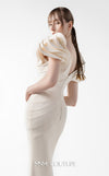 MNM Couture Style G2039 showcasing a cream mermaid gown with dramatic layered petal-like sleeves, sculptural shoulder detailing, and form-contouring silhouette with tonal paneling | Couture Shop LA