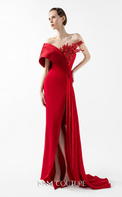 MNM Couture Style G2040 showcasing a scarlet red off-shoulder crepe gown with a pleated organza panel, hand-embellished bust, high slit, and a fluid train. | Couture Shop LA