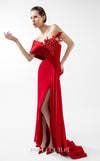 MNM Couture Style G2040 showcasing a scarlet red off-shoulder crepe gown with a pleated organza panel, hand-embellished bust, high slit, and a fluid train. | Couture Shop LA