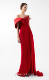 MNM Couture Style G2040 showcasing a scarlet red off-shoulder crepe gown with a pleated organza panel, hand-embellished bust, high slit, and a fluid train. | Couture Shop LA
