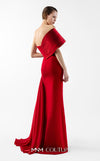MNM Couture Style G2040 showcasing a scarlet red off-shoulder crepe gown with a pleated organza panel, hand-embellished bust, high slit, and a fluid train. | Couture Shop LA