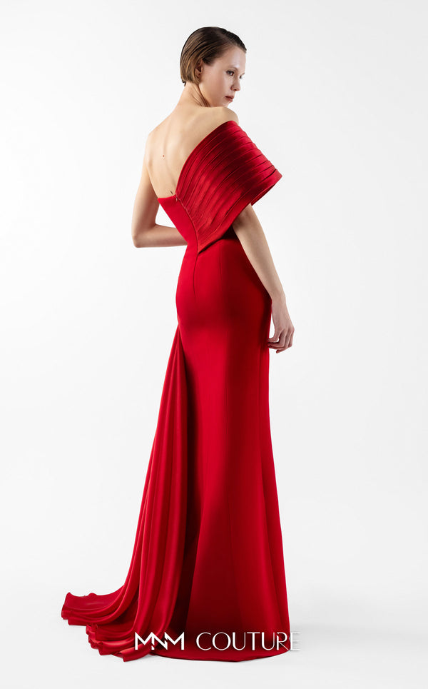 MNM Couture Style G2040 showcasing a scarlet red off-shoulder crepe gown with a pleated organza panel, hand-embellished bust, high slit, and a fluid train. | Couture Shop LA