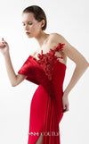 MNM Couture Style G2040 showcasing a scarlet red off-shoulder crepe gown with a pleated organza panel, hand-embellished bust, high slit, and a fluid train. | Couture Shop LA