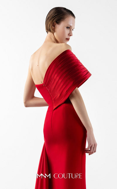 MNM Couture Style G2040 showcasing a scarlet red off-shoulder crepe gown with a pleated organza panel, hand-embellished bust, high slit, and a fluid train. | Couture Shop LA