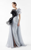 MNM Couture Style G2042 showcasing a silver lace gown with sculptural black and silver lamé organza ruffles, one-shoulder detail, and a high slit. | Couture Shop LA