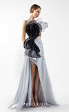 MNM Couture Style G2042 showcasing a silver lace gown with sculptural black and silver lamé organza ruffles, one-shoulder detail, and a high slit. | Couture Shop LA