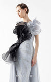 MNM Couture Style G2042 showcasing a silver lace gown with sculptural black and silver lamé organza ruffles, one-shoulder detail, and a high slit. | Couture Shop LA