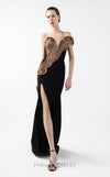 MNM Couture Style G2043 showcasing a black off-shoulder evening gown with plunging V-neckline, rusty brown interlocked organza bodice detailing, and thigh-high slit | Couture Shop LA