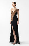 MNM Couture Style G2043 showcasing a black off-shoulder evening gown with plunging V-neckline, rusty brown interlocked organza bodice detailing, and thigh-high slit | Couture Shop LA