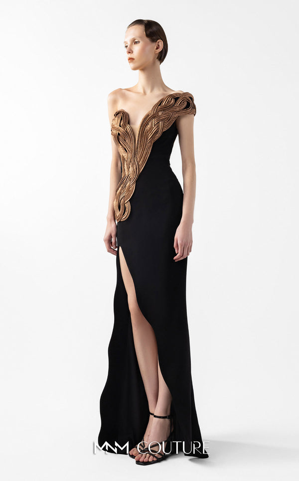 MNM Couture Style G2043 showcasing a black off-shoulder evening gown with plunging V-neckline, rusty brown interlocked organza bodice detailing, and thigh-high slit | Couture Shop LA