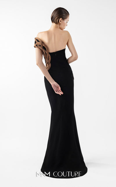 MNM Couture Style G2043 showcasing a black off-shoulder evening gown with plunging V-neckline, rusty brown interlocked organza bodice detailing, and thigh-high slit | Couture Shop LA