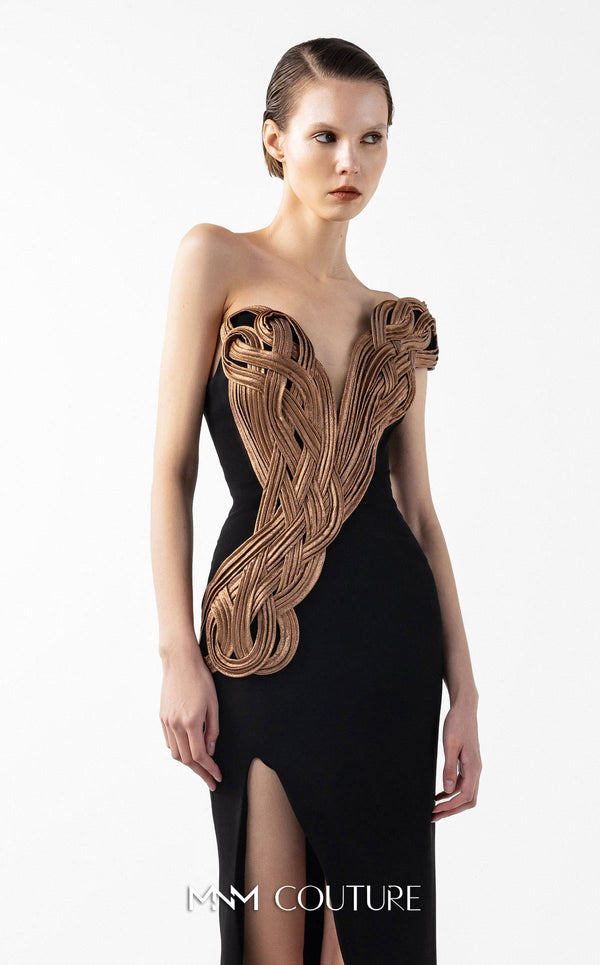 MNM Couture Style G2043 showcasing a black off-shoulder evening gown with plunging V-neckline, rusty brown interlocked organza bodice detailing, and thigh-high slit | Couture Shop LA