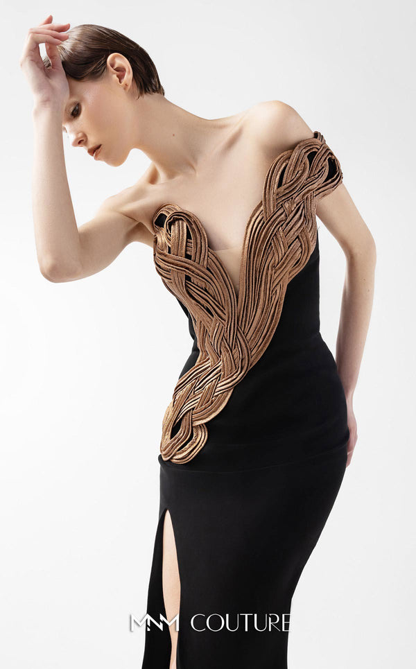 MNM Couture Style G2043 showcasing a black off-shoulder evening gown with plunging V-neckline, rusty brown interlocked organza bodice detailing, and thigh-high slit | Couture Shop LA
