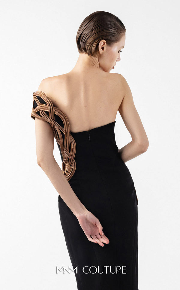 MNM Couture Style G2043 showcasing a black off-shoulder evening gown with plunging V-neckline, rusty brown interlocked organza bodice detailing, and thigh-high slit | Couture Shop LA