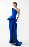 MNM Couture Style G2044 showcasing a royal blue one-shoulder crepe gown with a structured peplum, folded organza drapes, a high slit, and a side train. | Couture Shop LA
