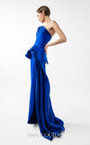 MNM Couture Style G2044 showcasing a royal blue one-shoulder crepe gown with a structured peplum, folded organza drapes, a high slit, and a side train. | Couture Shop LA