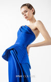 MNM Couture Style G2044 showcasing a royal blue one-shoulder crepe gown with a structured peplum, folded organza drapes, a high slit, and a side train. | Couture Shop LA