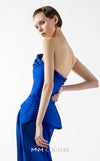 MNM Couture Style G2044 showcasing a royal blue one-shoulder crepe gown with a structured peplum, folded organza drapes, a high slit, and a side train. | Couture Shop LA