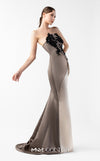 MNM Couture Style G2045 showcasing a strapless dual-tone gown in cream and anthracite, featuring a sculpted hip design and floral appliqué on the bodice. | Couture Shop LA