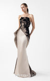 MNM Couture Style G2045 showcasing a strapless dual-tone gown in cream and anthracite, featuring a sculpted hip design and floral appliqué on the bodice. | Couture Shop LA