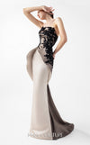 MNM Couture Style G2045 showcasing a strapless dual-tone gown in cream and anthracite, featuring a sculpted hip design and floral appliqué on the bodice. | Couture Shop LA