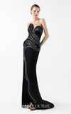 MNM Couture Style G2048 showcasing a strapless asymmetrical black crepe gown with anthracite lamé organza waves, crystal embellishments, and a dramatic thigh-high slit | Couture Shop LA