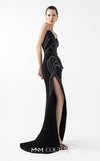 MNM Couture Style G2048 showcasing a strapless asymmetrical black crepe gown with anthracite lamé organza waves, crystal embellishments, and a dramatic thigh-high slit | Couture Shop LA