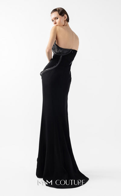 MNM Couture Style G2048 showcasing a strapless asymmetrical black crepe gown with anthracite lamé organza waves, crystal embellishments, and a dramatic thigh-high slit | Couture Shop LA