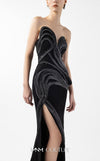 MNM Couture Style G2048 showcasing a strapless asymmetrical black crepe gown with anthracite lamé organza waves, crystal embellishments, and a dramatic thigh-high slit | Couture Shop LA