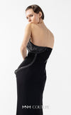 MNM Couture Style G2048 showcasing a strapless asymmetrical black crepe gown with anthracite lamé organza waves, crystal embellishments, and a dramatic thigh-high slit | Couture Shop LA