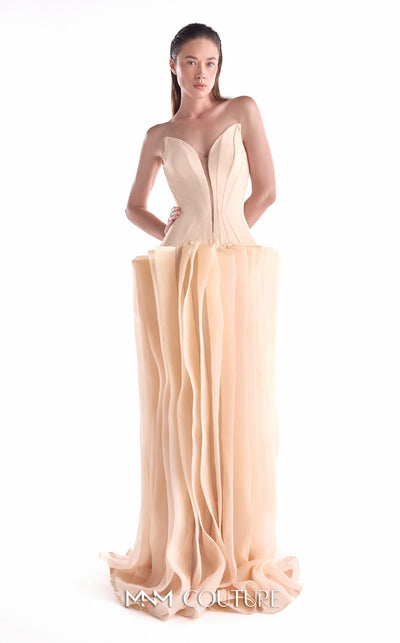 Nude evening gown MNM Couture Style G2100 featuring a deep V crepe corset and layered organza skirt