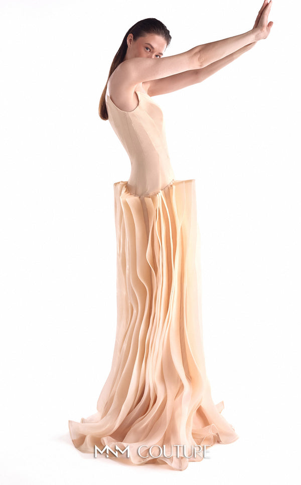 Nude evening gown MNM Couture Style G2100 featuring a deep V crepe corset and layered organza skirt