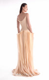 Nude evening gown MNM Couture Style G2100 featuring a deep V crepe corset and layered organza skirt