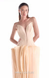 Nude evening gown MNM Couture Style G2100 featuring a deep V crepe corset and layered organza skirt